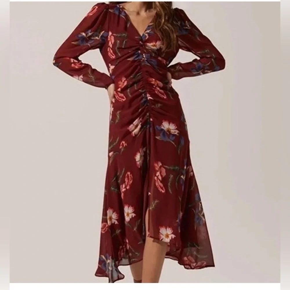 ASTR The Label Hi-Lo Ruched Front Midi Dress Floral Print Size Small - Picture 1 of 9